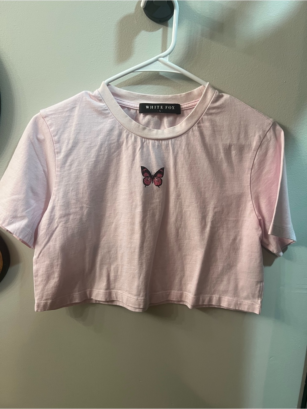 White Fox Boutique Pink Cropped Tee with Butterfly